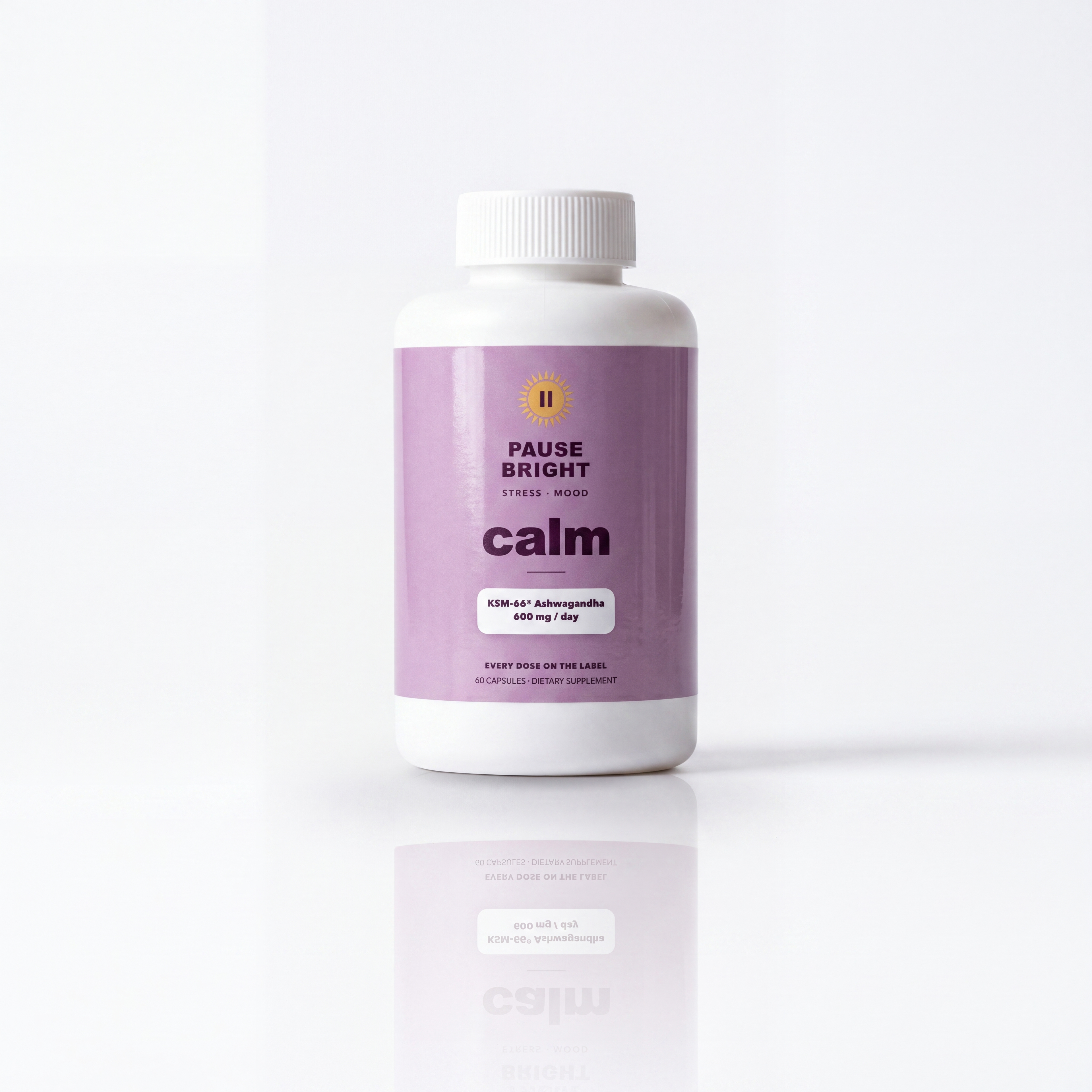 PauseBright CALM bottle, KSM-66 ashwagandha 600 mg per day printed on the label
