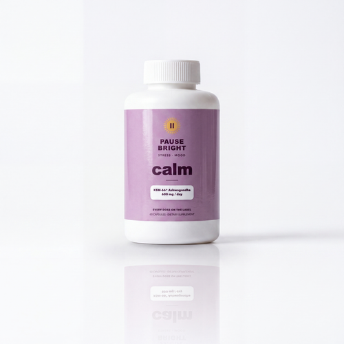 PauseBright CALM bottle, KSM-66 ashwagandha 600 mg per day printed on the label