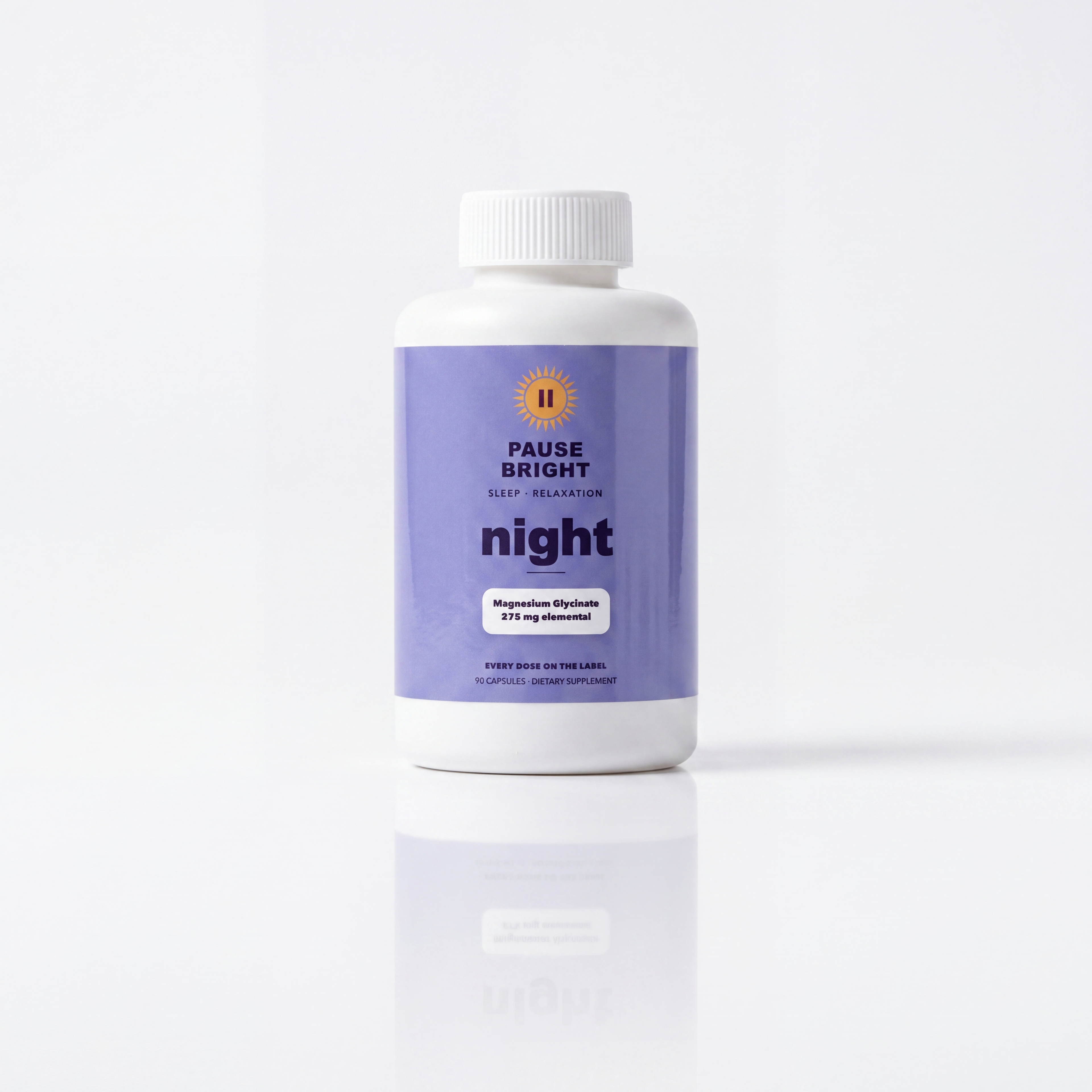 PauseBright NIGHT bottle, magnesium glycinate 275 mg elemental printed on the label
