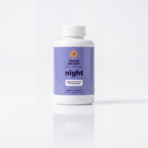 PauseBright NIGHT bottle, magnesium glycinate 275 mg elemental printed on the label