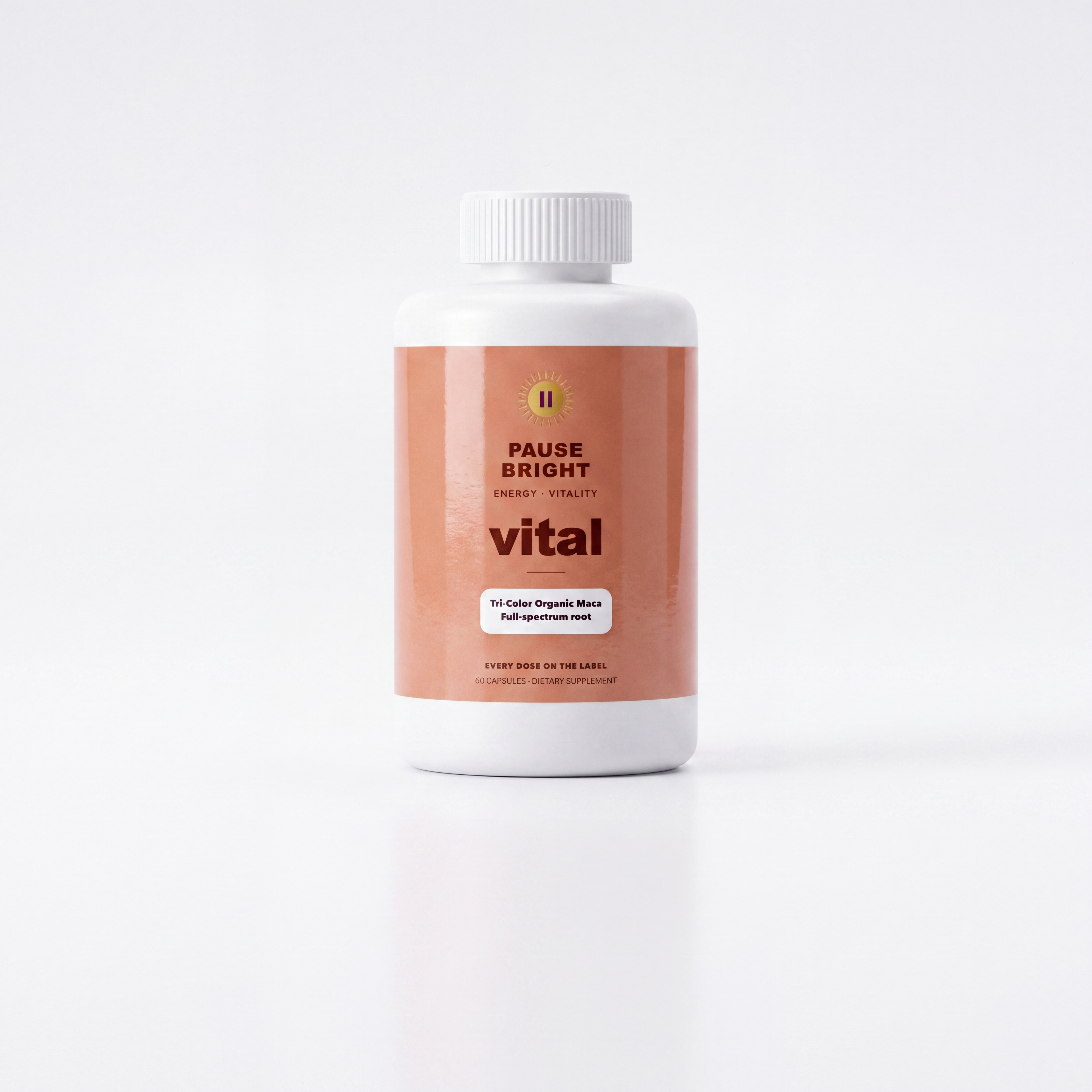 PauseBright VITAL bottle, tri-color organic maca 1,500 mg printed on the label