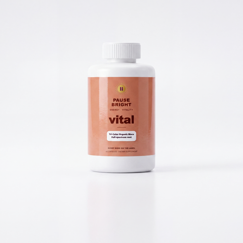 PauseBright VITAL bottle, tri-color organic maca 1,500 mg printed on the label
