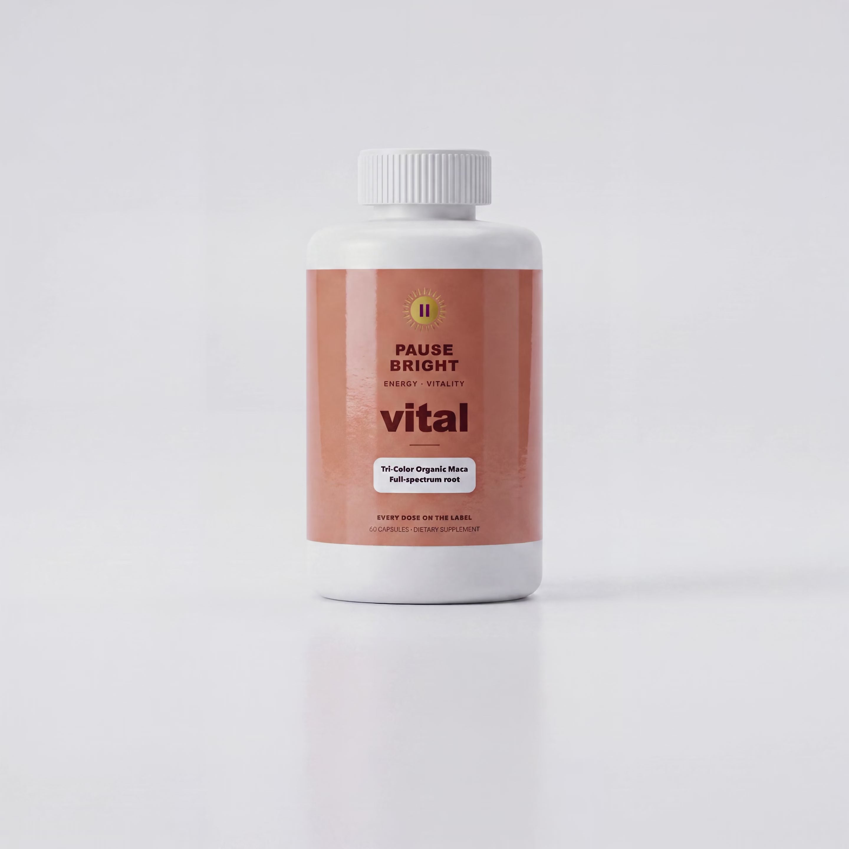 PauseBright VITAL bottle rotating, tri-color organic maca 1,500 mg on the label