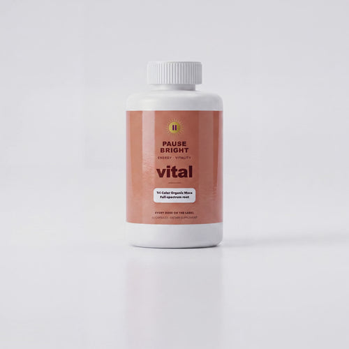 PauseBright VITAL bottle rotating, tri-color organic maca 1,500 mg on the label