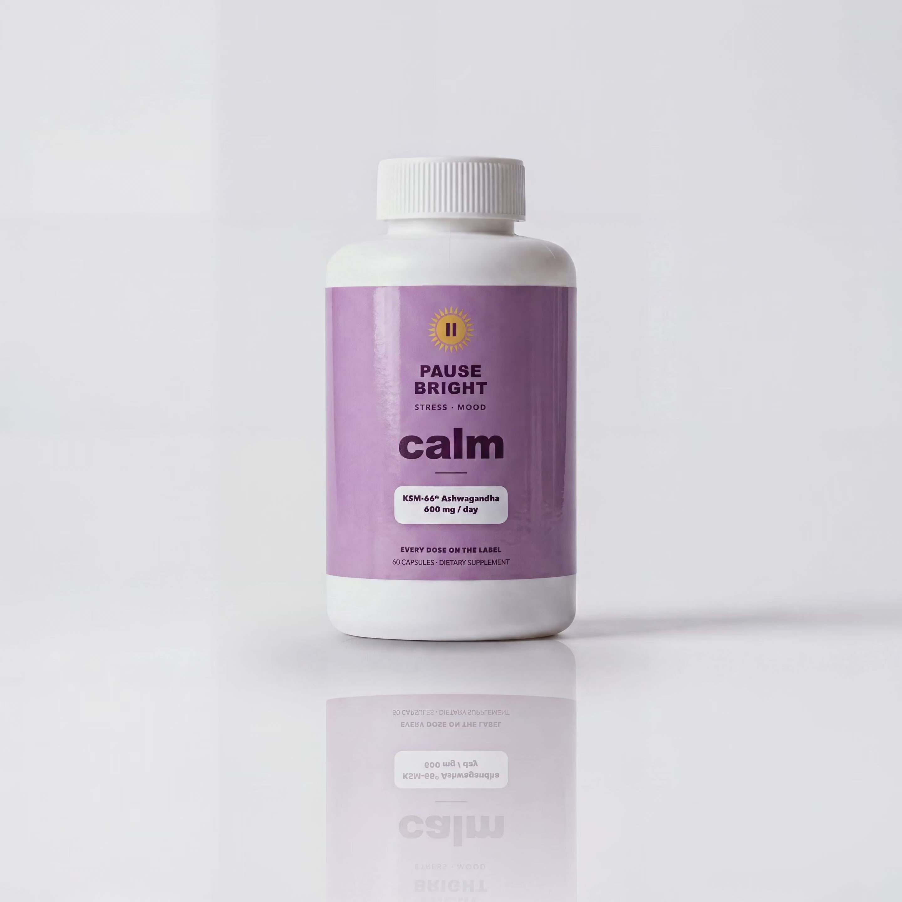 PauseBright CALM bottle rotating, KSM-66 ashwagandha 600 mg per day on the label