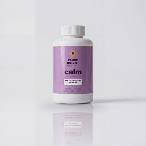 PauseBright CALM bottle rotating, KSM-66 ashwagandha 600 mg per day on the label
