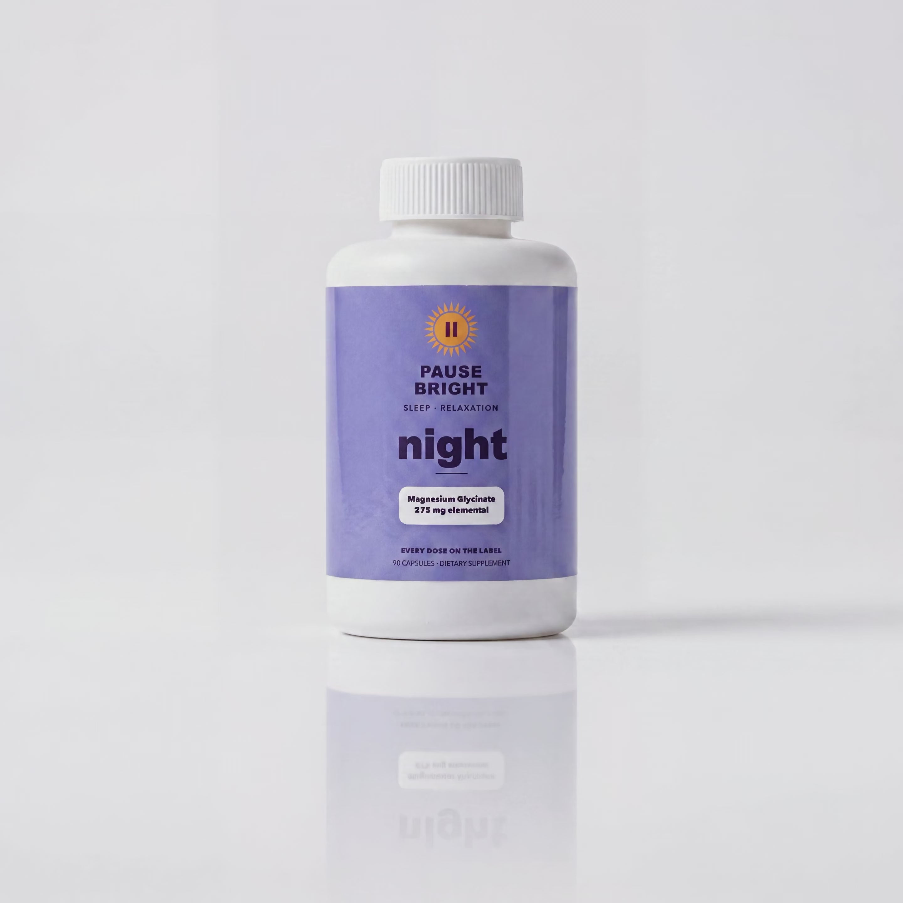PauseBright NIGHT bottle rotating, magnesium glycinate 275 mg elemental on the label