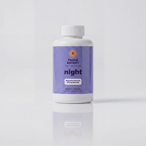 PauseBright NIGHT bottle rotating, magnesium glycinate 275 mg elemental on the label